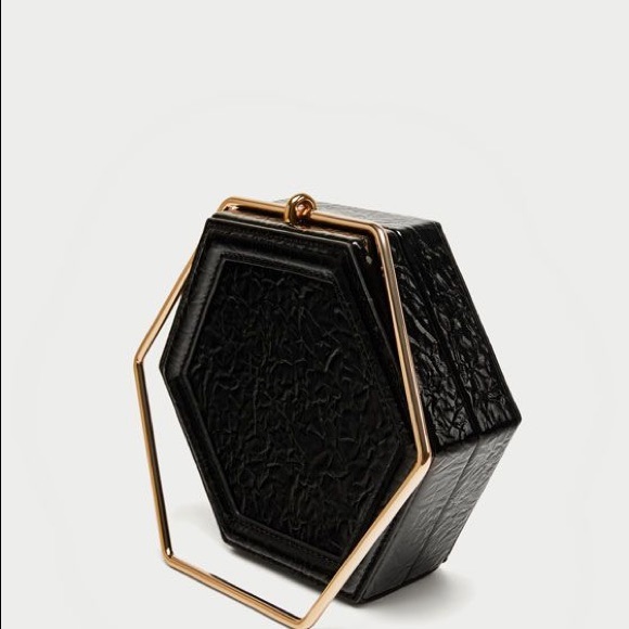 Zara Handbags - Zara Hexagon Black Faux Leather Bag Gold Handle
